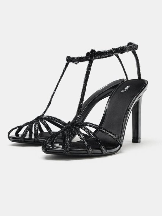 Zara Shoes - ZARA Textured Fringed Strappy Heeled Sandals - Black / Size 8 (EU 38) NWT